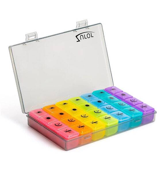 ZUROR Weekly Pill Box with 28 Compartments. Pill Organizer 7 Days 4 Times a Day. Easy to Open Scratch Resistant with Air Tight Lid Lock for Medication Supplements & Vitamins